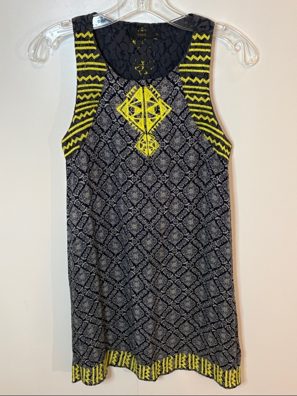 THML Navy Lace-Back Tank Dress with Yellow Geometric Embroidery